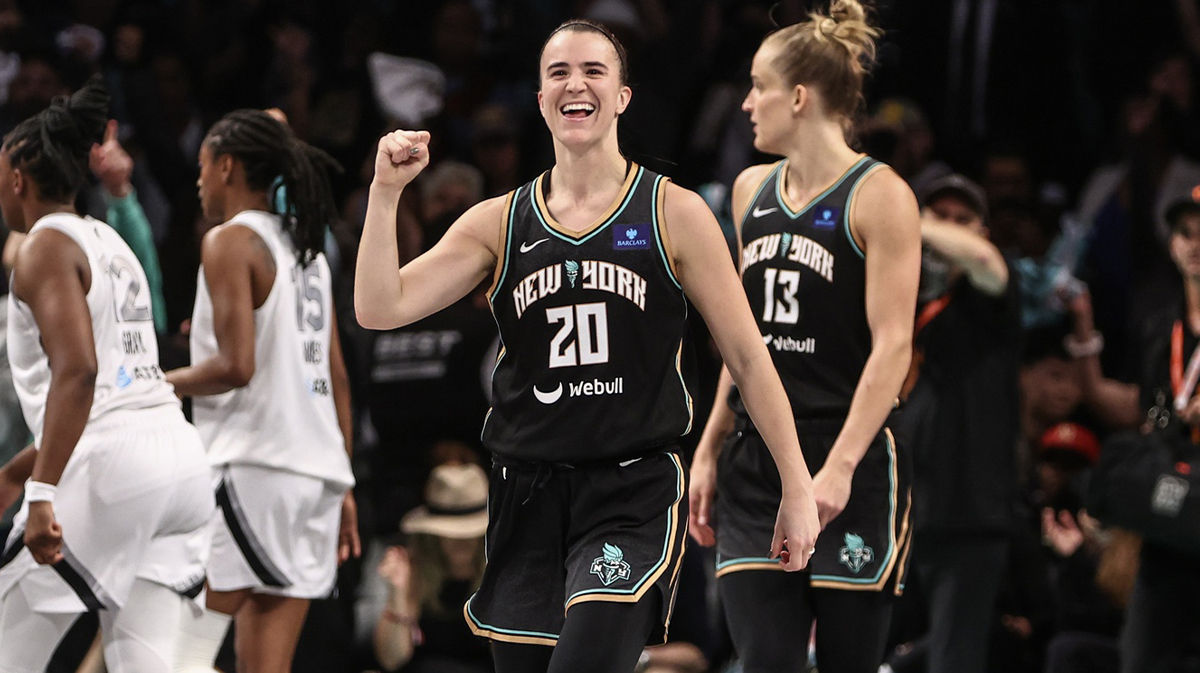 October 1, 2024; Brooklyn, New York, United States; New York Liberty guard Sabrina Ionescu (20) celebrates after defeating the Las Vegas Aces 88-84 in game two of the 2024 WNBA Semifinals at Barclays Center. Mandatory credit: Wendell Cruz-Imagn Images