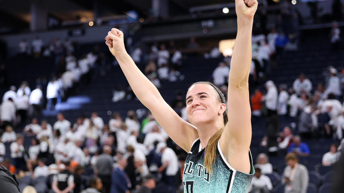 New York Liberty guard Sabrina Ionescu (20) celebrates her teams win after game three of the 2024 NBA Finals against the Minnesota Lynx at Target Center.