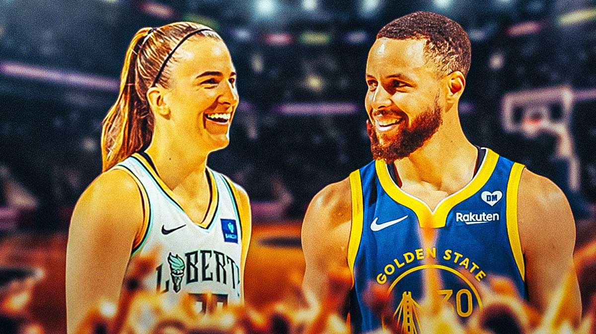 Liberty's Sabrina Ionescu next to Warriors' Stephen Curry, WNBA Finals logo
