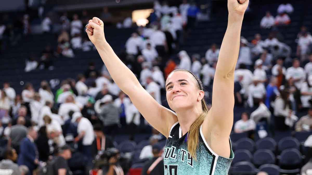 New York Liberty guard Sabrina Ionescu (20) celebrates her teams win after game three of the 2024 NBA Finals against the Minnesota Lynx at Target Center.