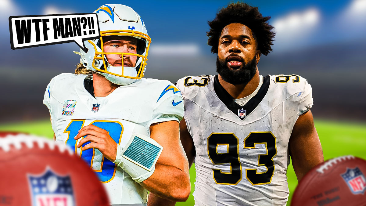 Chargers' Justin Herbert with a talk bubble that says WTF MAN?! next to Saints' Nathan Shepherd