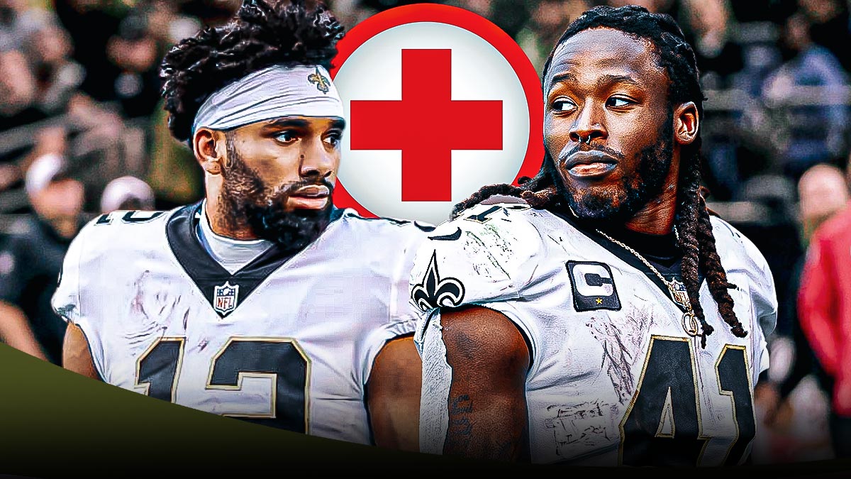 Chris Olave and Alvin Kamara in New Orleans Saints uniforms with a red and white first aid symbol as Olave and Kamara are two of several Saints injuries.