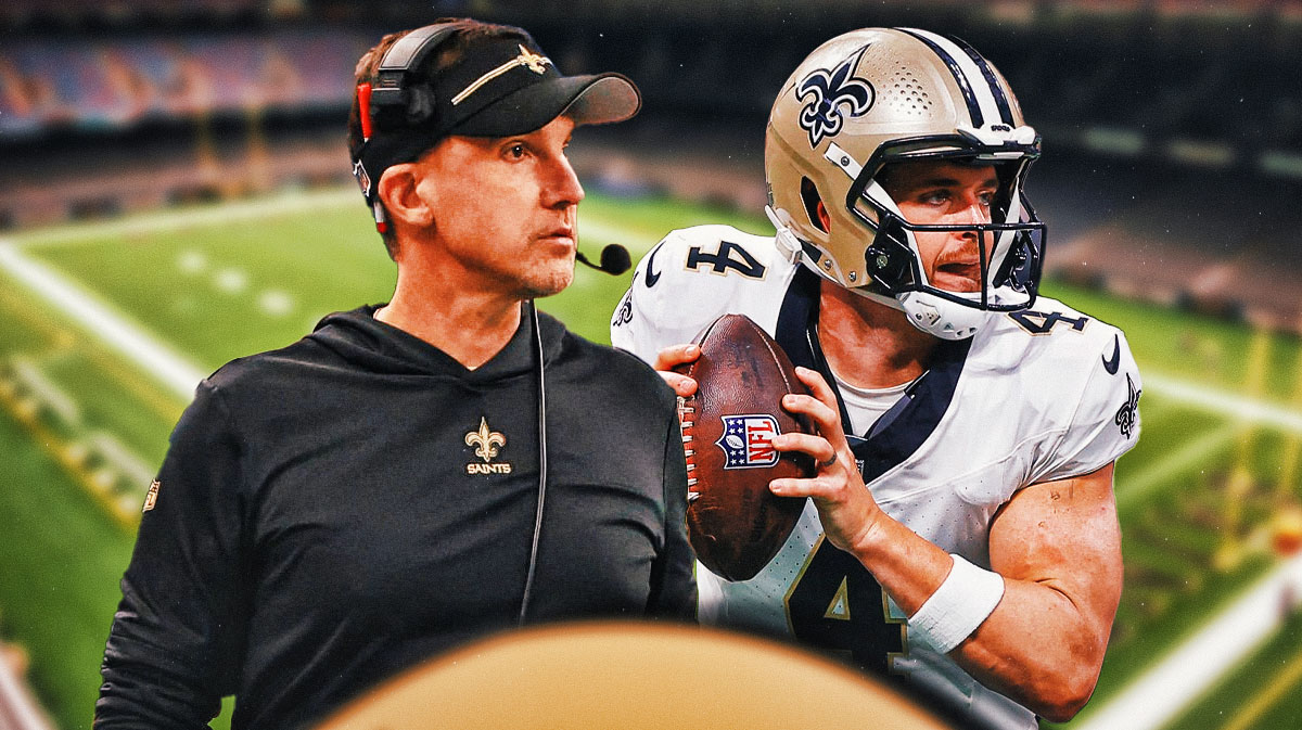 New Orleans Saints star Derek Carr and Dennis Allen in front of Caesars Superdome.