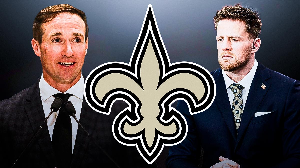 Saints' Drew Brees next to JJ Watt with Broncos logo background