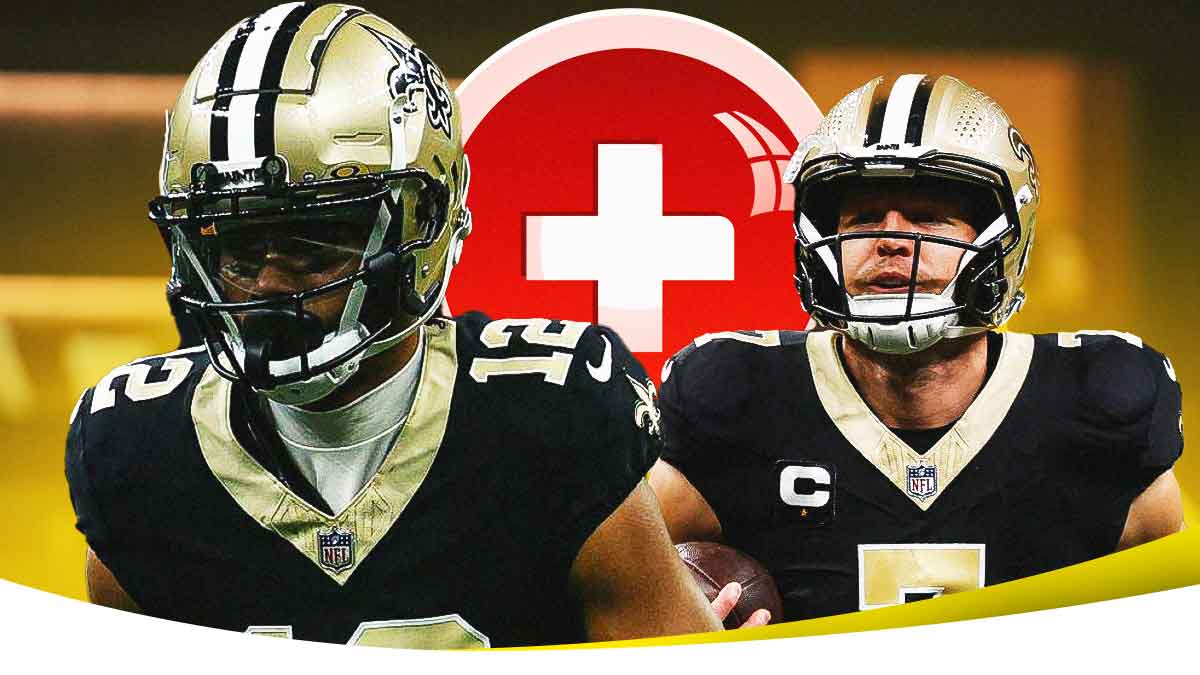 Chris Olave in a New Orleans Saints uniform with Taysom Hill in a New Orleans Saints uniform with a red and white first aid symbol in the background as Olave and Hill got a positive injury report ahead of their Week 8 game against the Chargers.