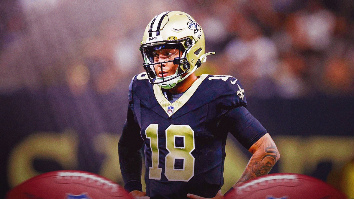 Spencer Rattler looking dejected/defeated wearing a Saints uniform.