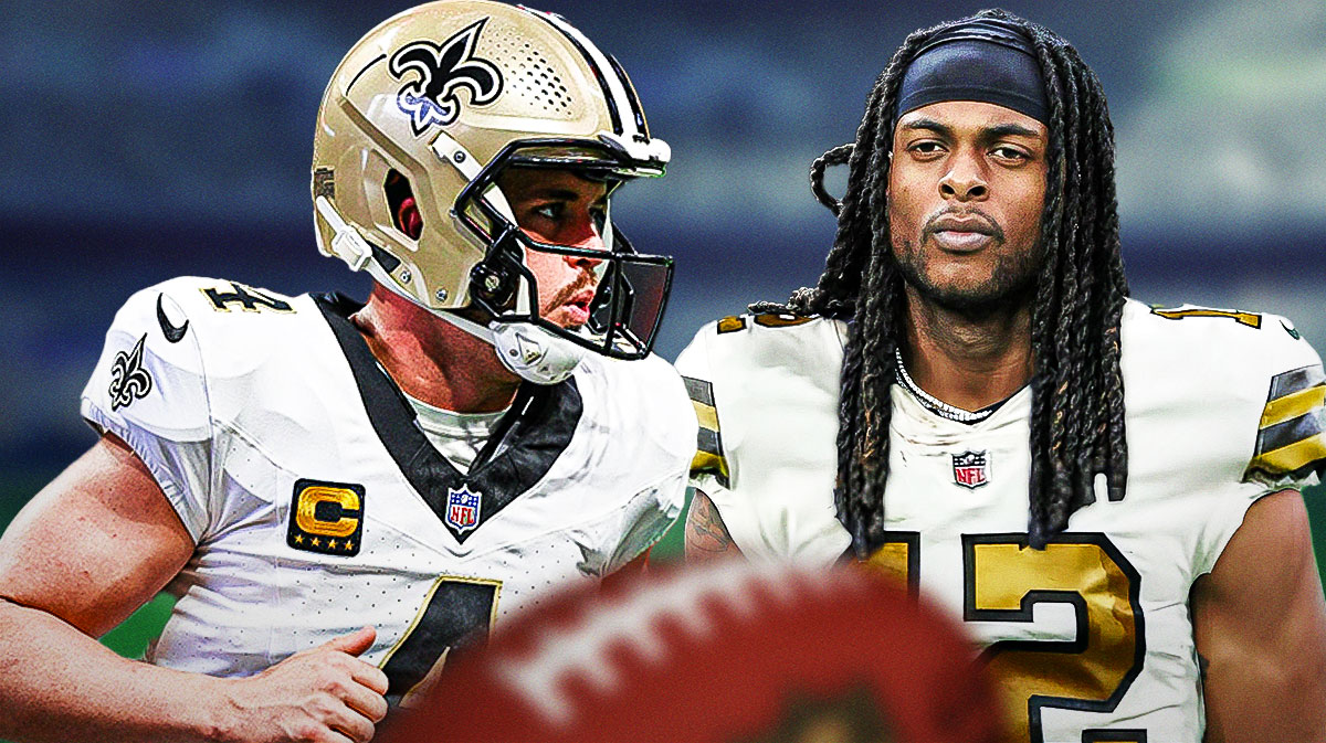 Davante Adams in a Saints uniform next to Dererk Carr.