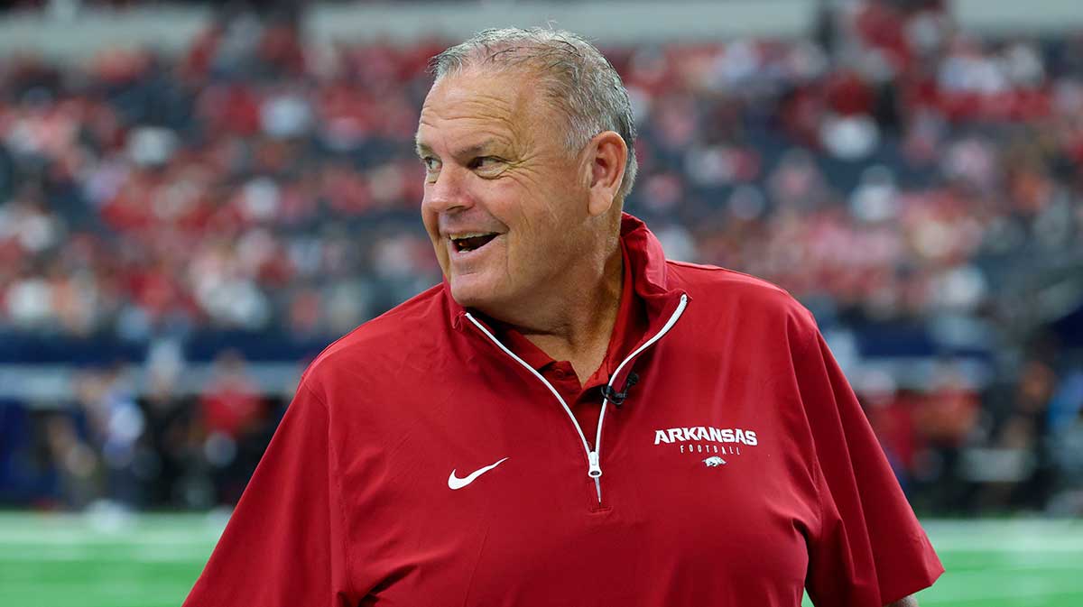 Sep 28, 2024; Arlington, Texas, USA; Arkansas Razorbacks head coach Sam Pittman laughs before the game against the Texas A&M Aggies at AT&T Stadium.