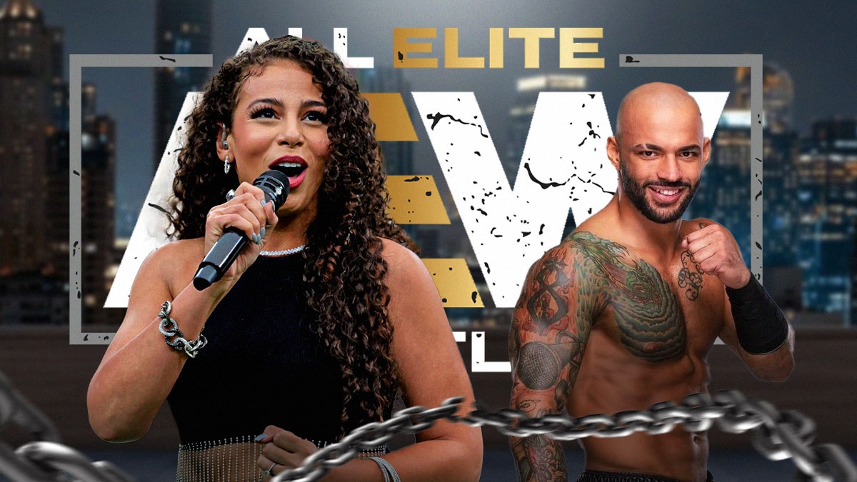 Samantha Irving and Ricochet in front of the AEW logo