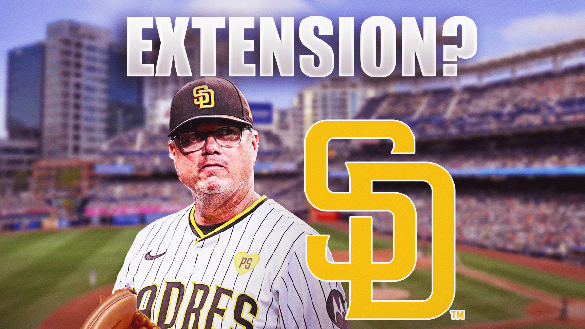 A picture of the San Diego Padres logo with manager Mike Shildt next to the logo. There's also a text above the logo and Shildt that says "Extension?"