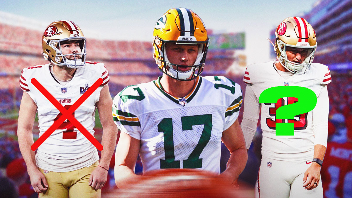 Jake Moody in a San Francisco 49ers uniform with a red X over him, Matthew Wright in a San Francisco 49ers uniform with a green question mark over him and Anders Carlson in a Green Bay Packers uniform as the 49ers signed another kicker due to injuries.