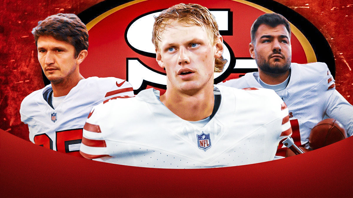 Anders Carlson in 49ers uniform. Matthew Wright behind him to right. Jake Moody behind him to left. All with 49ers