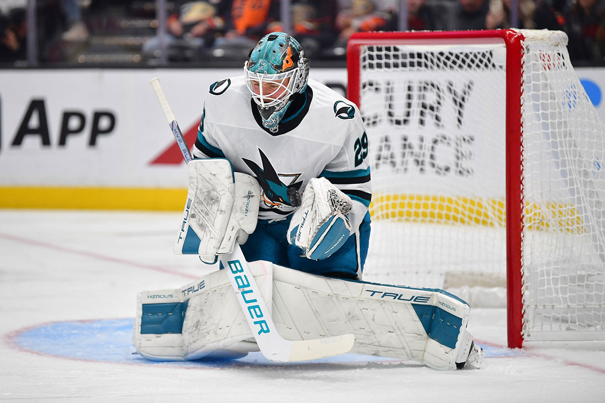 San Jose Sharks goaltender Mackenzie Blackwood (29) blocks a shot against the Anaheim Ducks during the second period at Honda Center.