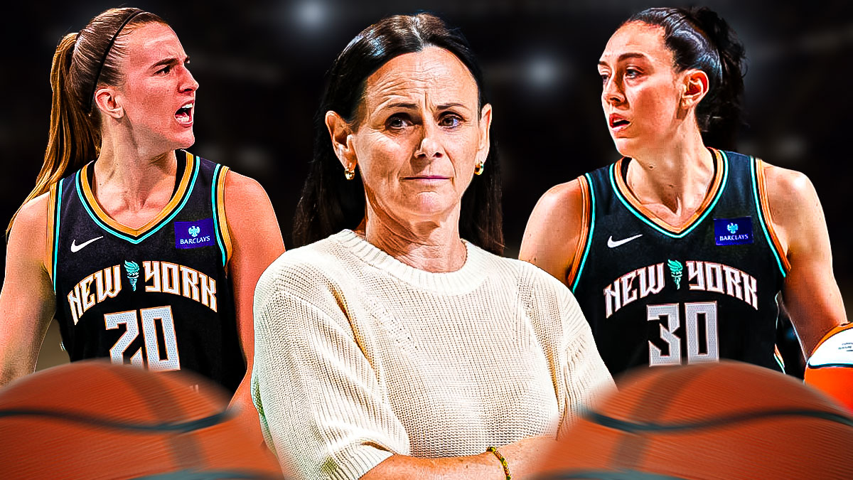 Sandy Brondello (Liberty coach) looking frustrated. Sabrina Ionescu and Breanna Stewart action shots.