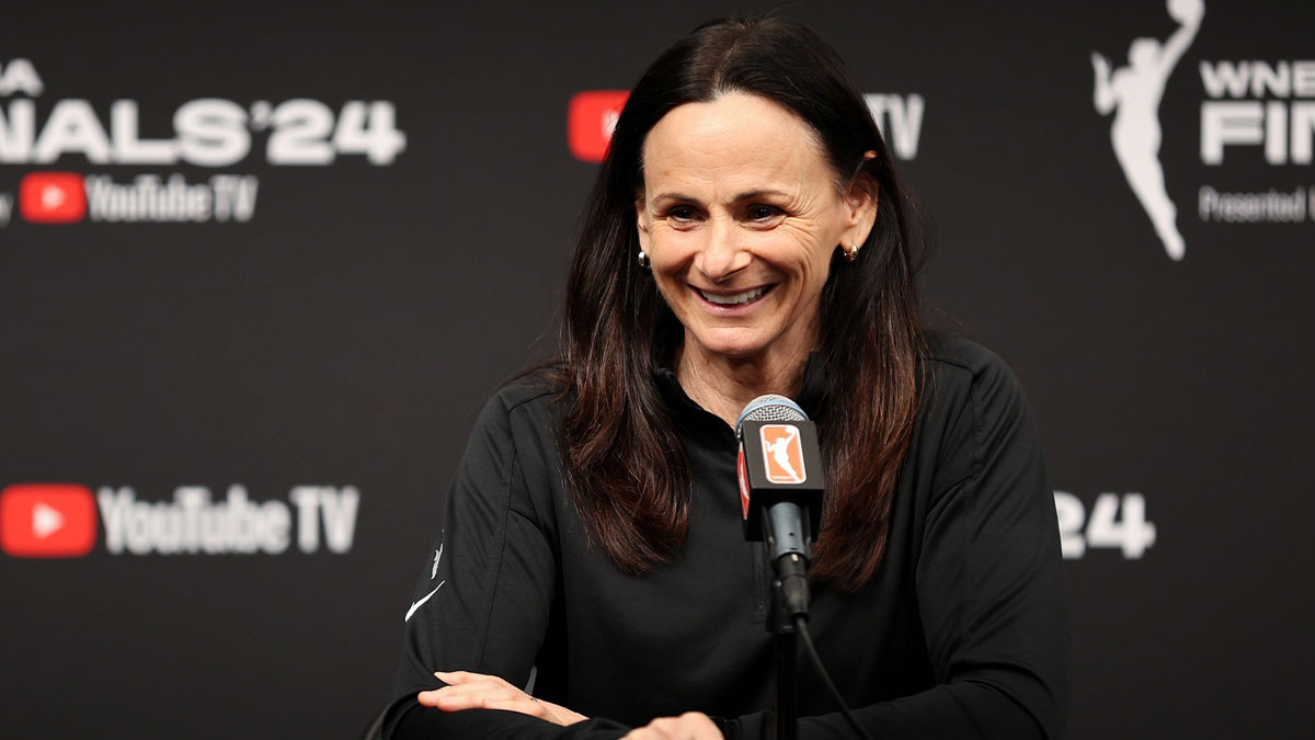 New York Liberty head coach Sandy Brondello talks to the media before game four of the 2024 WNBA Finals against the Minnesota Lynx at Target Center.