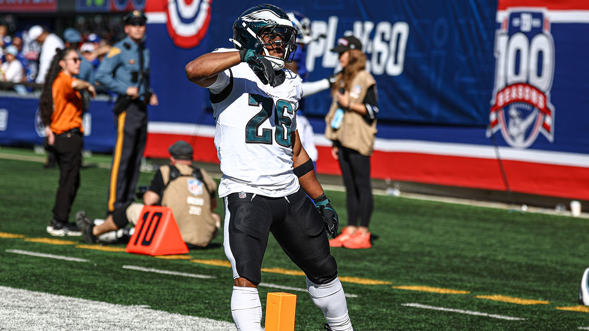 Philadelphia Eagles running back Saquon Barkley (26) celebrates after a long run during the first half against the New York Giants at MetLife Stadium.