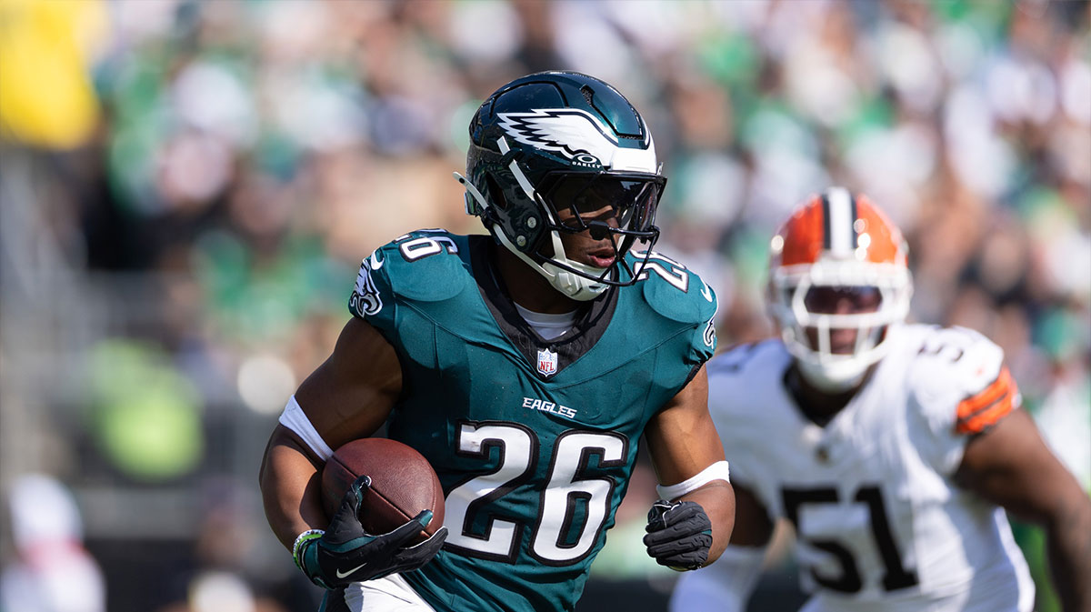 Oct 13, 2024; Philadelphia, Pennsylvania, USA; Philadelphia Eagles running back Saquon Barkley (26) runs with the ball against the Cleveland Browns during the first quarter at Lincoln Financial Field.