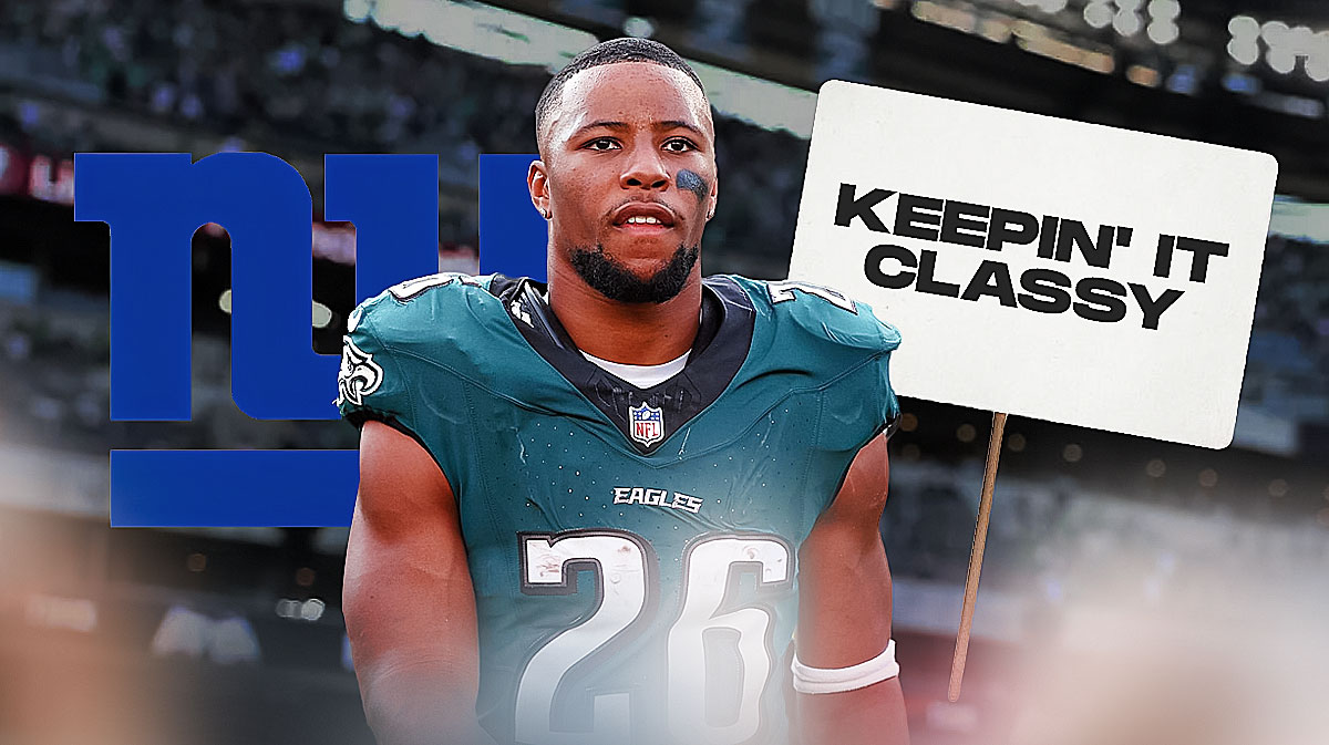 Eagles' Saquon Barkley with a Giants logo next to a sign that says KEEPIN' IT CLASSY