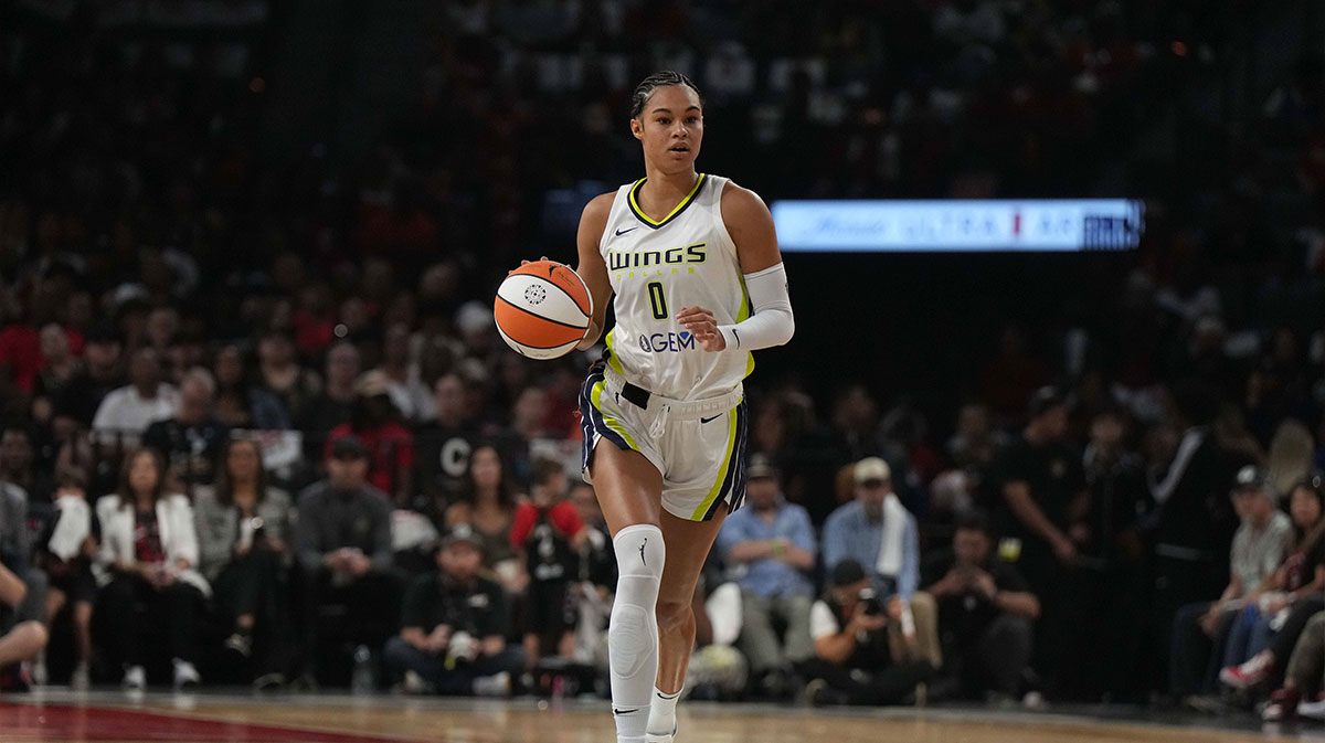 Dallas Wings forward Satou Sabally (0) dribbles the ball against the Las Vegas Aces during game one of the 2023 WNBA Semifinals at Michelob Ultra Arena. The Aces defeated the Wings 97-83.