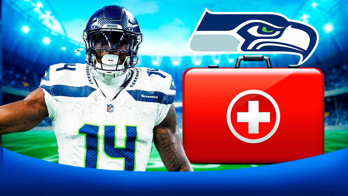 Seahawks' DK Metcalf with a medical kit and a Seahawks logo