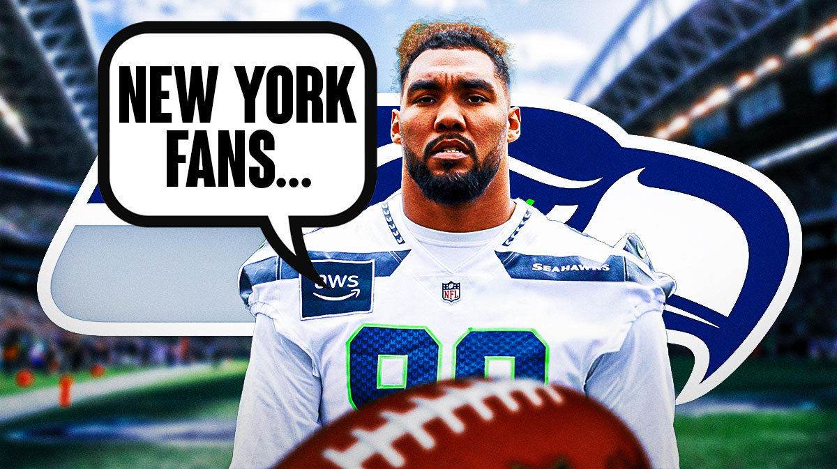 Seattle Seahawks defensive end Leonard Williams with a speech bubble that says "New York fans..." There is also a logo for the Seattle Seahawks.