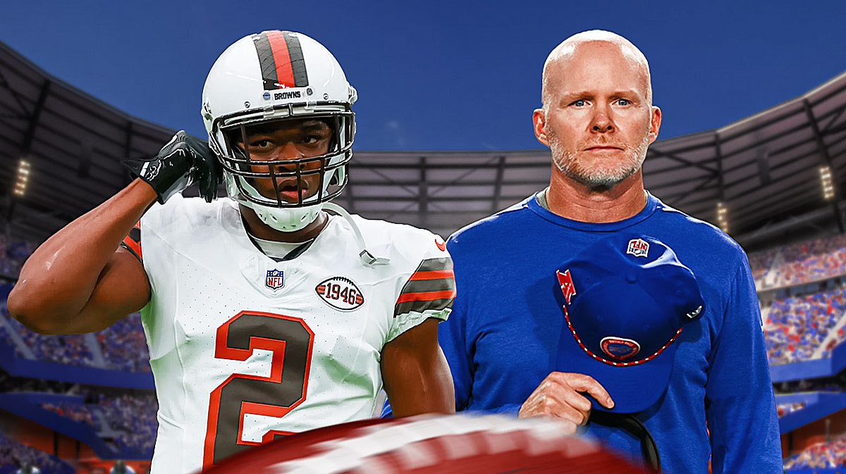 Amari Cooper next to Sean McDormett in front of the Bills stadium.