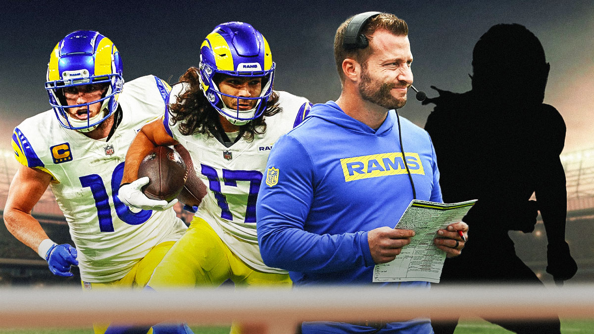 Sean McVay, Puka Nacua, Cooper Kupp, and the blacked-out silhouette of Jordan Whittington in front of the Rams Stadium