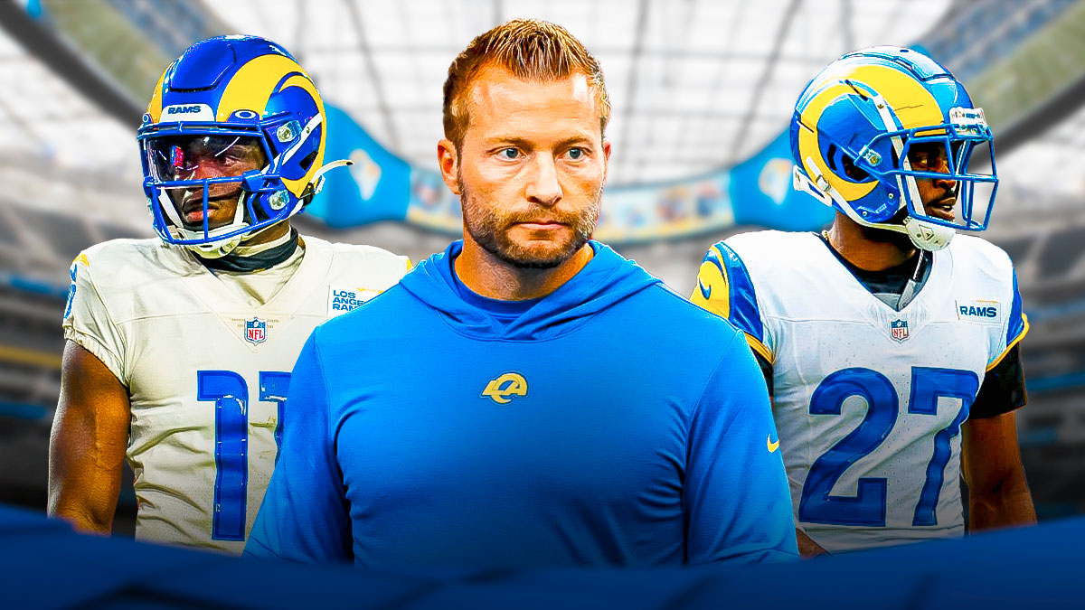 Sean McVay next to Tre’Davious White and Darious Williams in front of SoFi Stadium