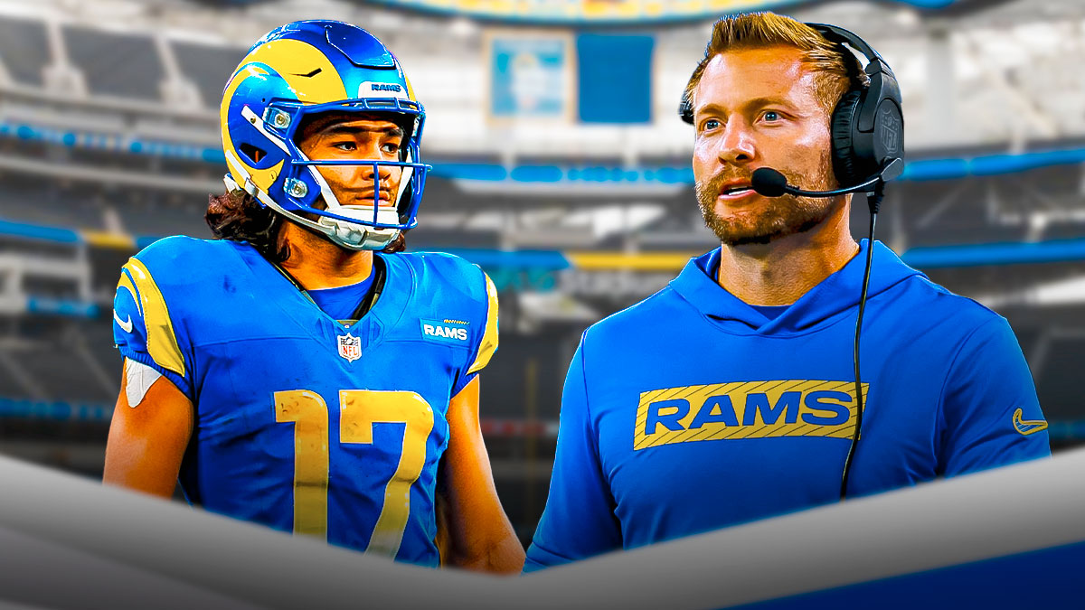Sean McVay next to Puka Nacua in front of the Rams stadium