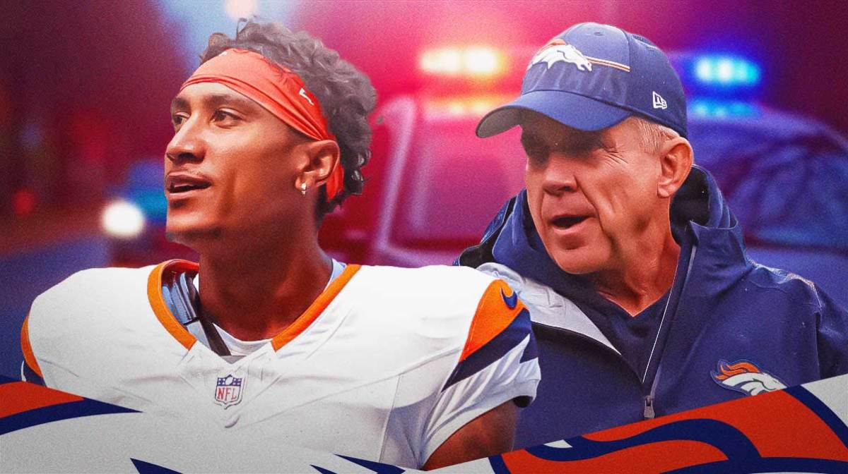 Broncos coach Sean Payton and WR Josh Reynolds with a police car flashing lights