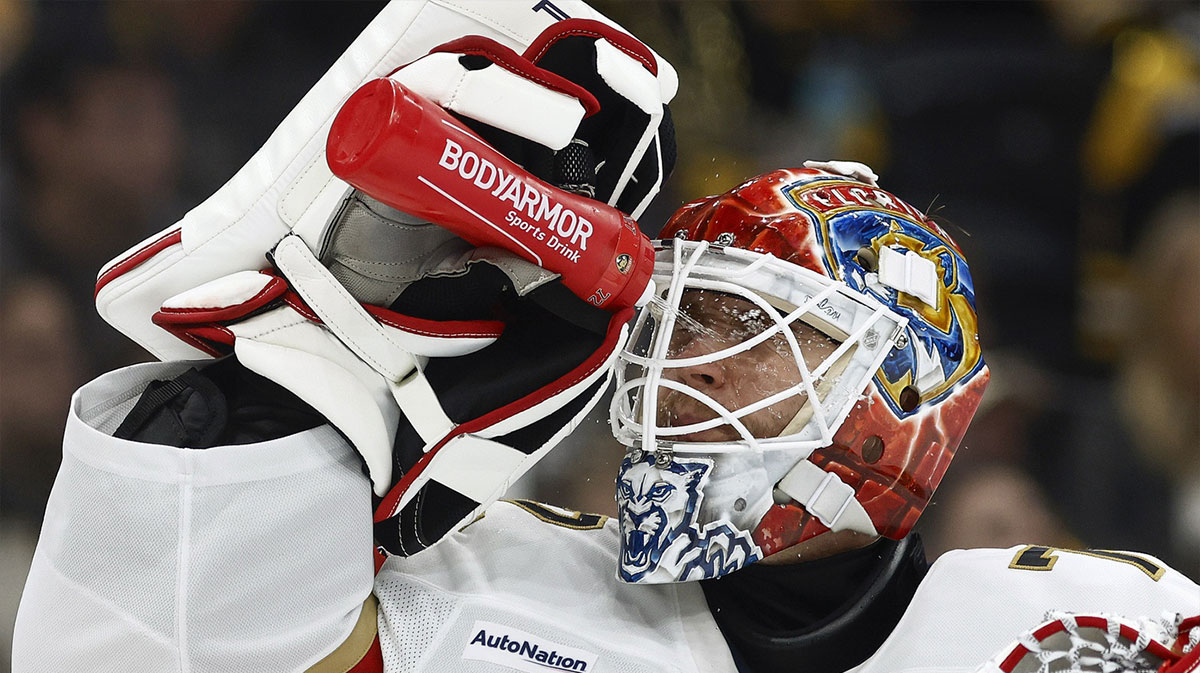 Florida Panthers goaltender Sergei Bobrovsky (72) sprays water in the face during a break in the action in the second period against the Boston Bruins at TD Garden.