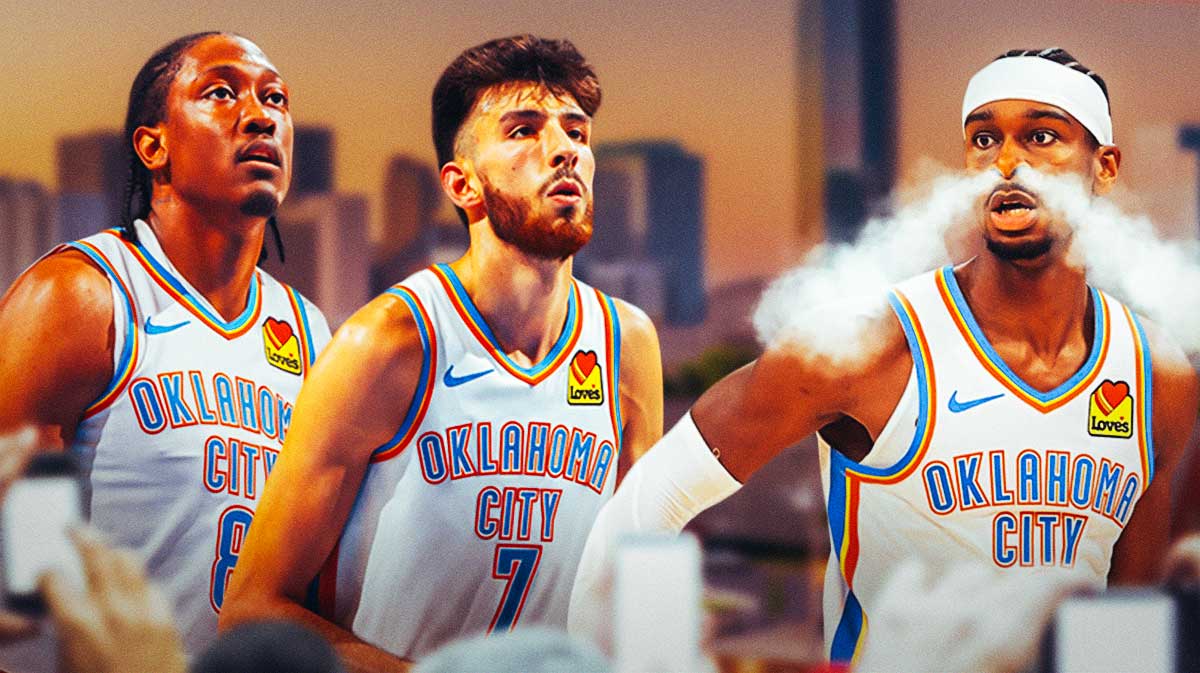 Thunder guard Shai Gilgeous-Alexander with smoke coming out of his nose next to Thunder forward Chet Holmgren and Thunder forward Jalen Williams, and the Thunder logo with the Oklahoma City skyline in the background