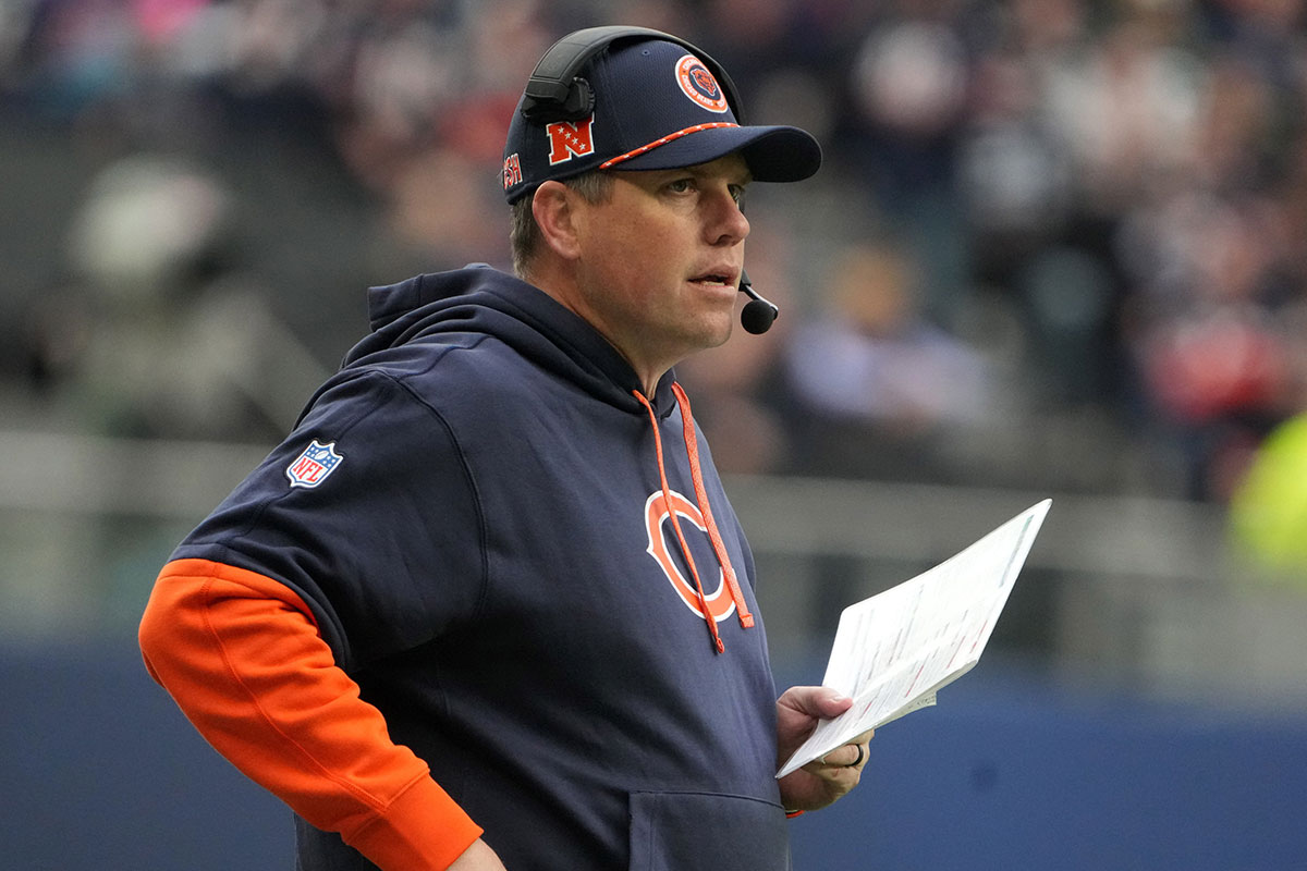 Oct 13, 2024; London, United Kingdom; Chicago Bears offensive coordinator Shane Waldron watches from the sidelines against the Jacksonville Jaguars in the second half during an NFL International Series game at Tottenham Hotspur Stadium. 