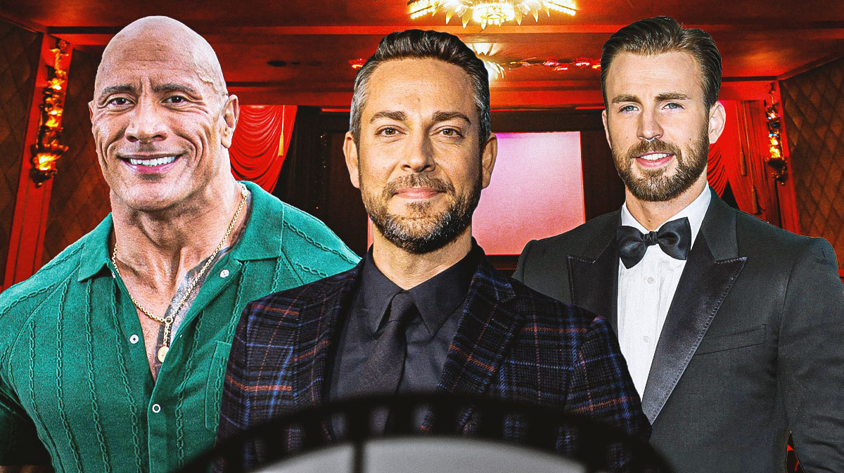 Shazam star Zachary Levi in between Dwayne The Rock Johnson and Chris Evans.