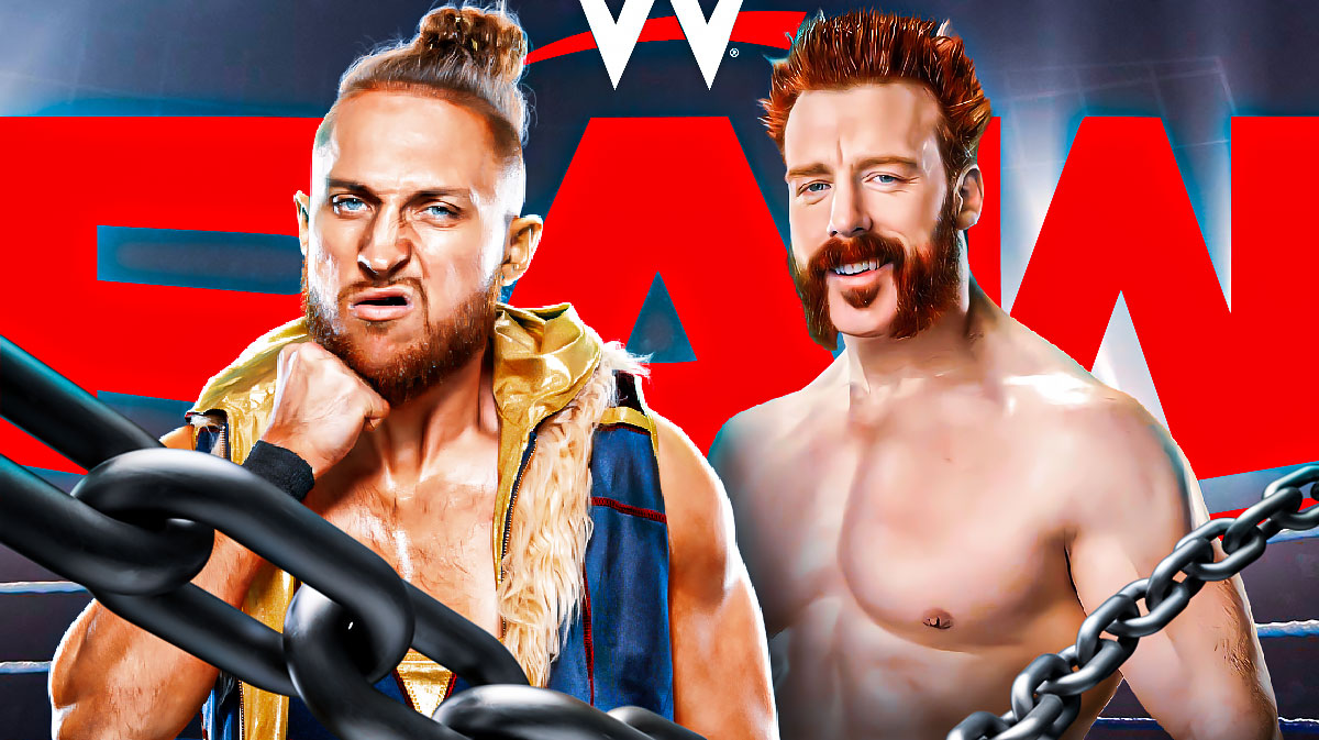WWE stars Pete Dunne and Sheamus, who competed in a Good Ol' Fashioned Donnybrook Match, with Monday Night RAW background.