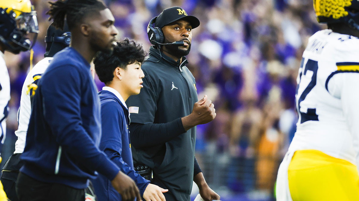 Michigan Wolverines head coach Sherrone Moore reacts to a blocked field goal attempt by the Washington Huskies during the second quarter at Alaska Airlines Field at Husky Stadium.