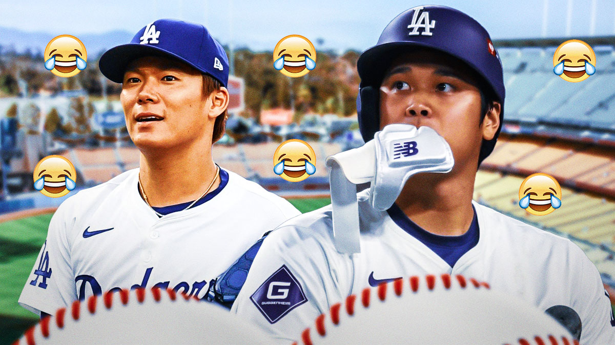 Dodgers' Yoshinobu Yamamoto and Shohei Ohtani with laughing emojis above