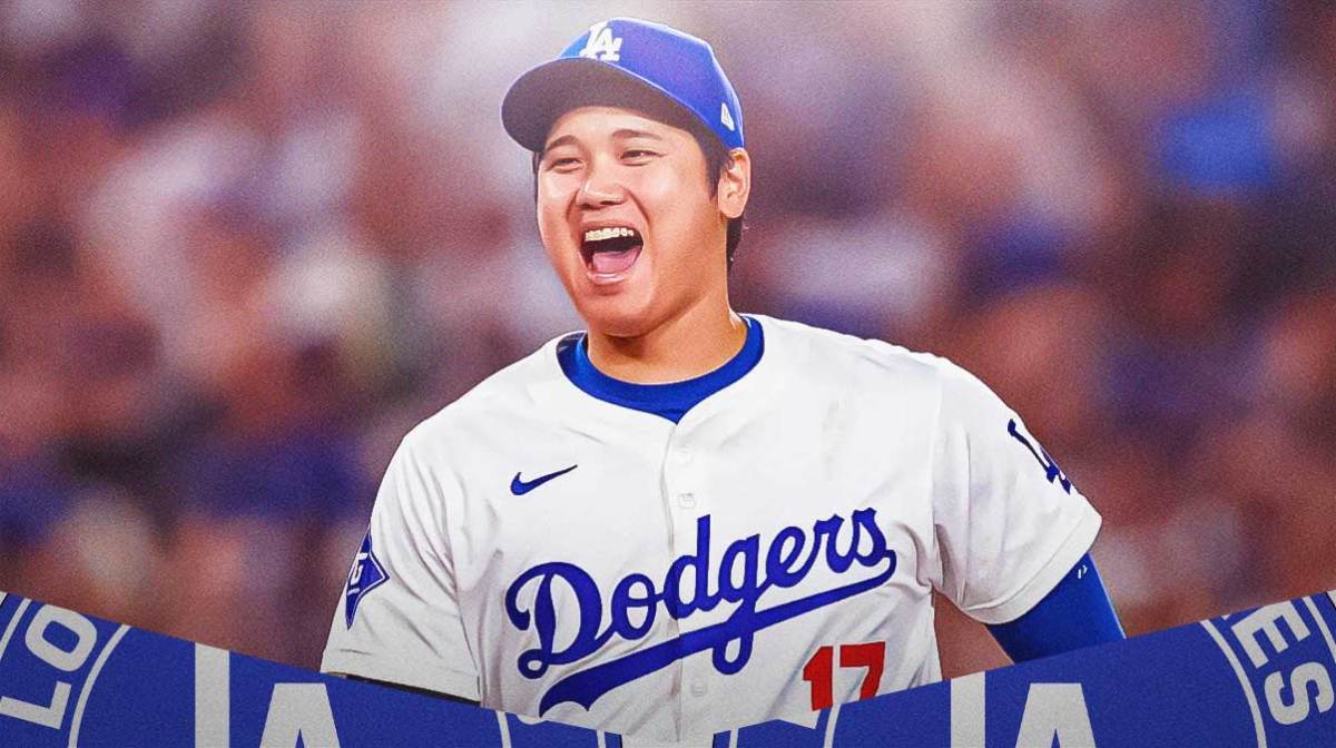 Shohei Ohtani in a Los Angeles Dodgers uniform looking happy as Ohtani is preparing to play in his first World Series after Ohtani's record season with the Dodgers.