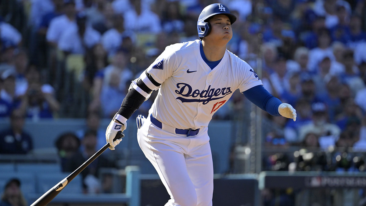 Los Angeles Dodgers designated hitter Shohei Ohtani (17) flies out against the New York Mets in the fifth inning during game two of the NLCS for the 2024 MLB Playoffs at Dodger Stadium