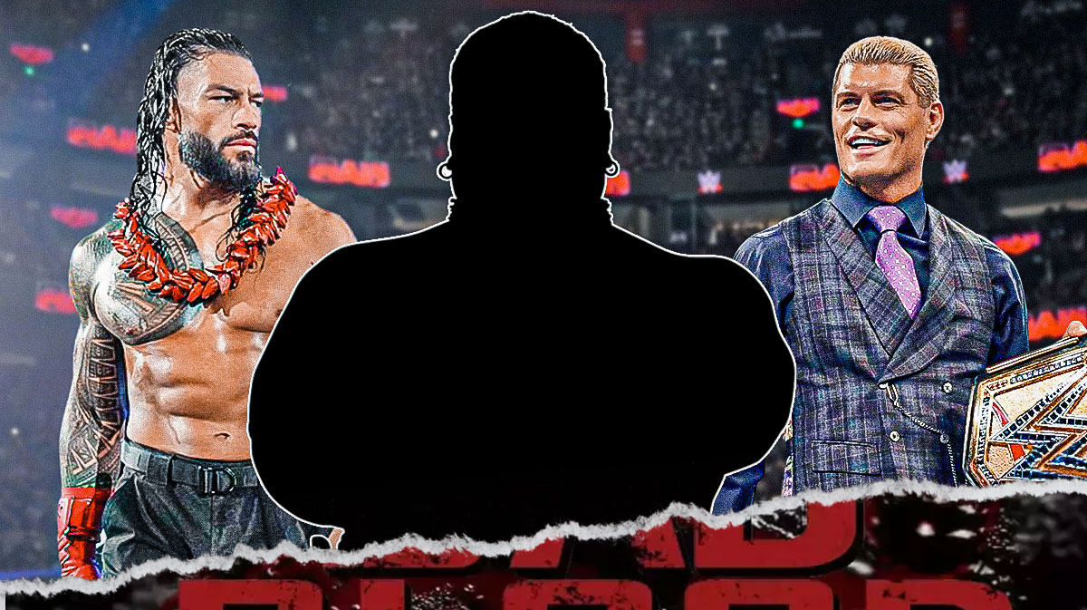 Cody Rhodes on the left, Roman Reigns on the right and the blacked-out silhouette of Rikishi between them with the WWE Bad Blood logo as the background.