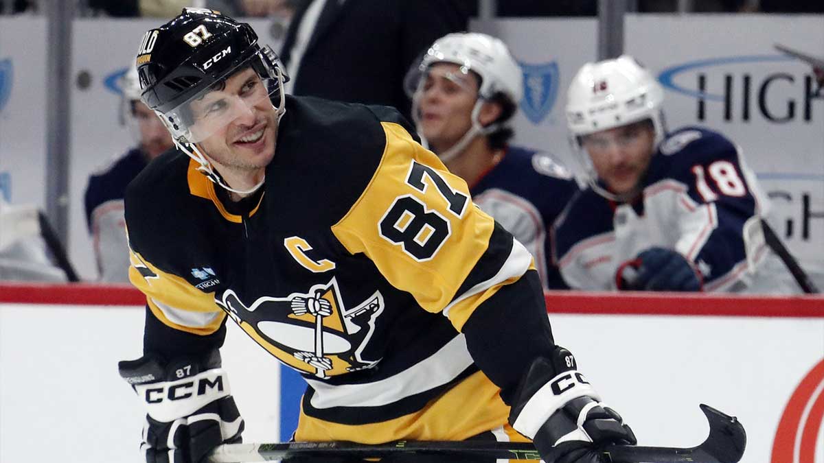 Pittsburgh Penguins center Sidney Crosby (87) reacts on the ice against the Columbus Blue Jackets during the second period at PPG Paints Arena.