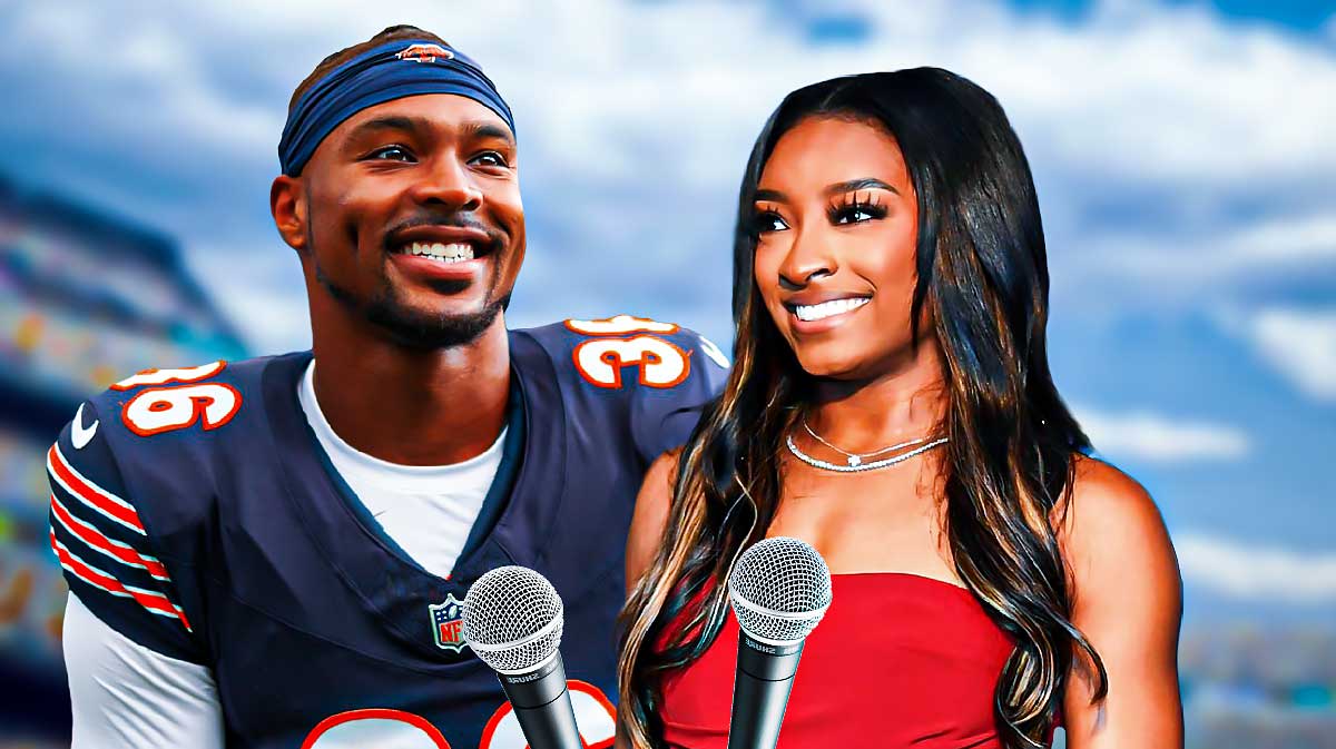 Simone Biles Jonathan Owens with mics