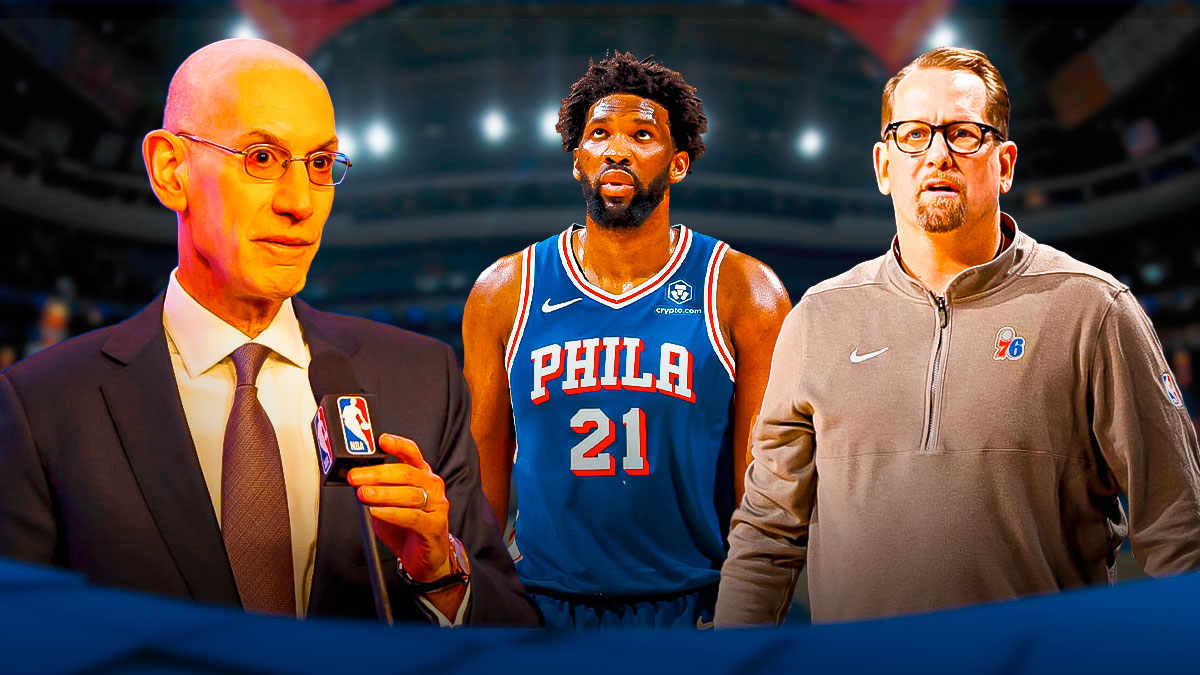 76ers' Joel Embiid and Nick Nurse next to Adam Silver