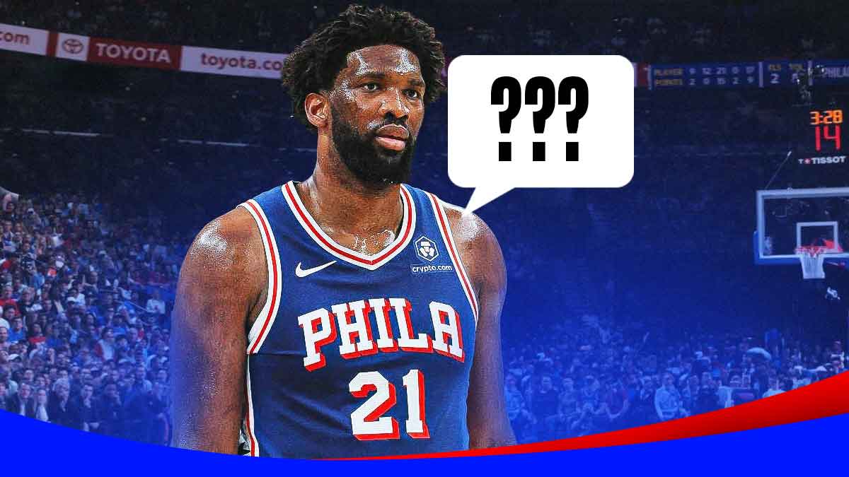 Joel Embiid with speech bubble containing question marks