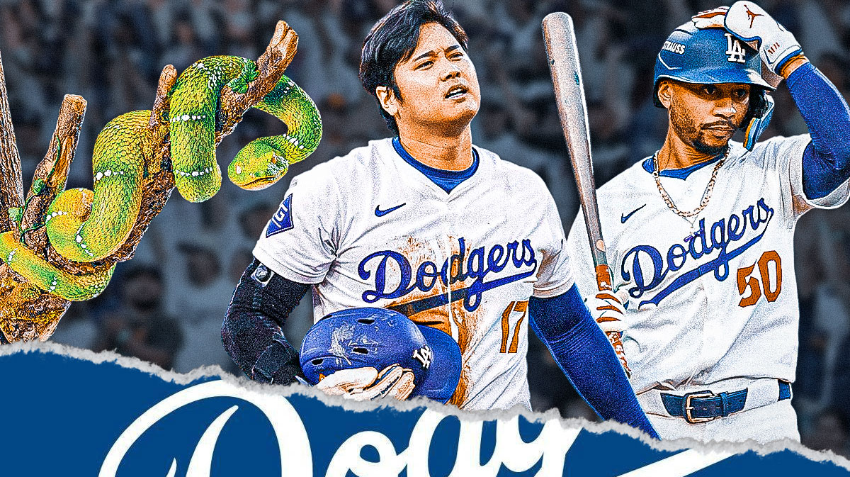 Shohei Ohtani and Mookie Betts in Los Angeles Dodgers uniforms with a snake slithering as a snake got in the Dodgers dugout during the NLCS against the Mets.