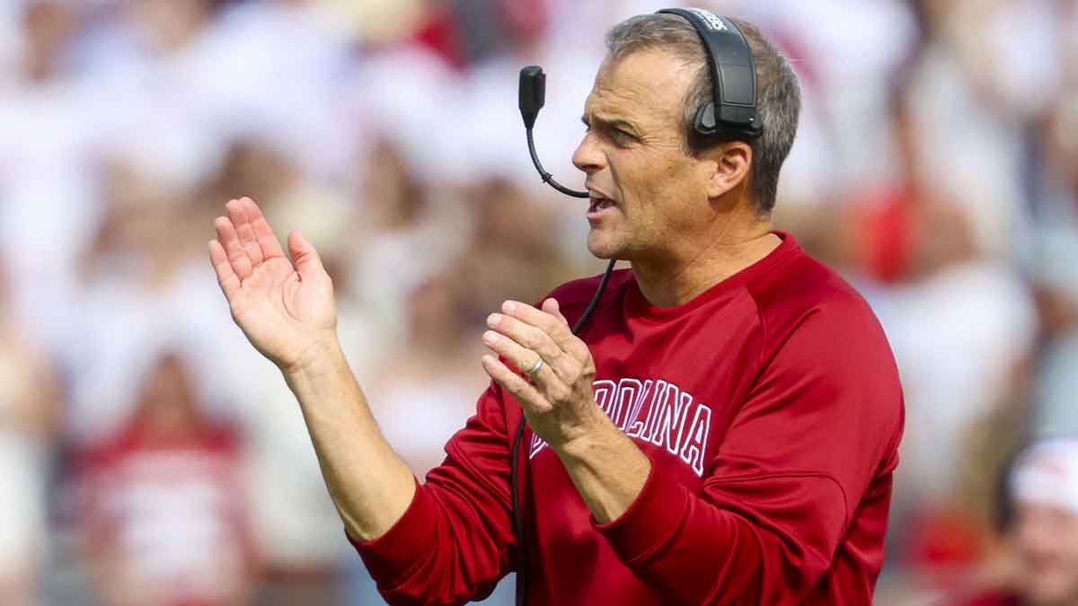 South Carolina Gamecocks head coach Shane Beamer reacts during the first half against the Oklahoma Sooners at Gaylord Family-Oklahoma Memorial Stadium