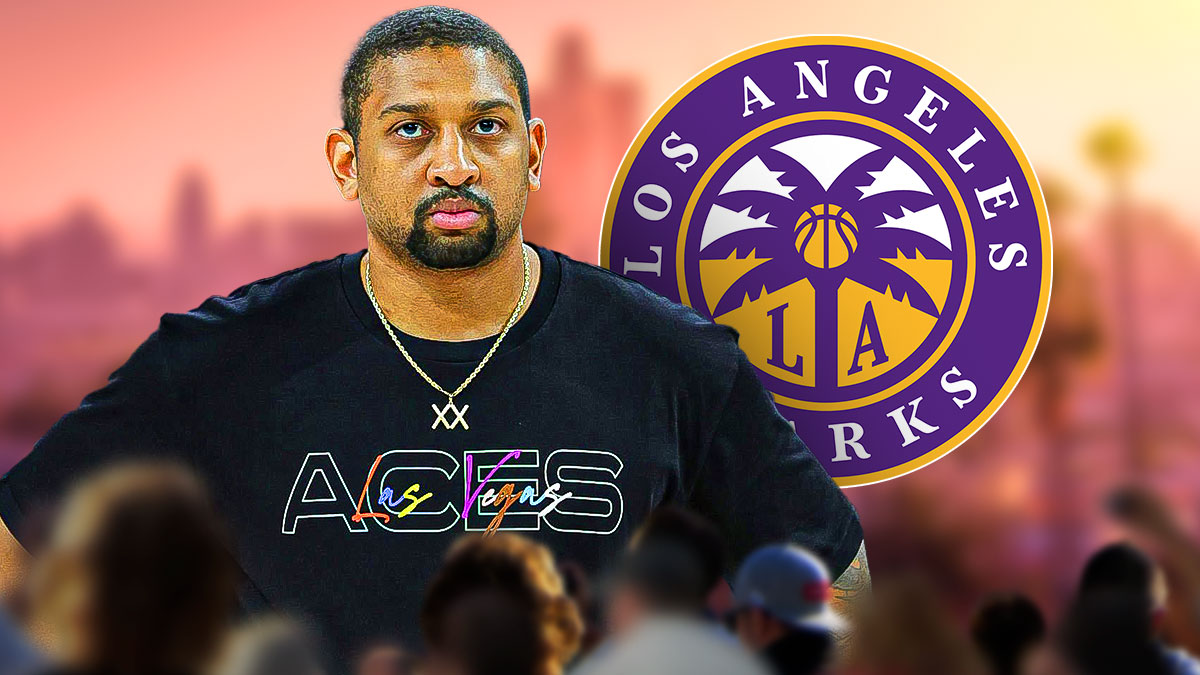 A current/recent image of Las Vegas Aces assistant coach Tyler Marsh with the LA Sparks logo in the background, head coach