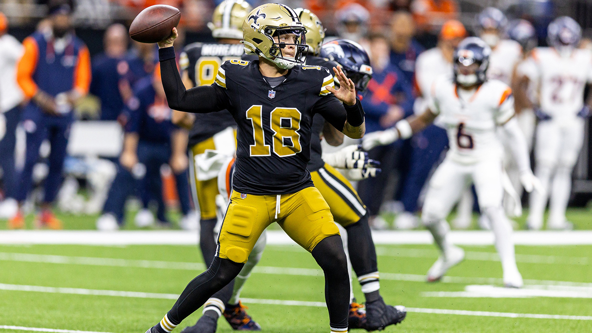 New Orleans Saints quarterback Spencer Rattler (18) passes against the Denver Broncos during the second half at Caesars Superdome.