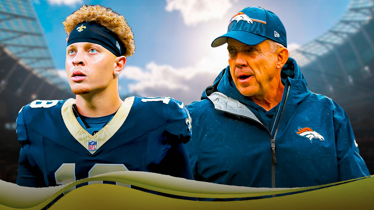 Saints QB Spencer Rattler, Broncos HC Sean Payton, Caesars Superdome in back