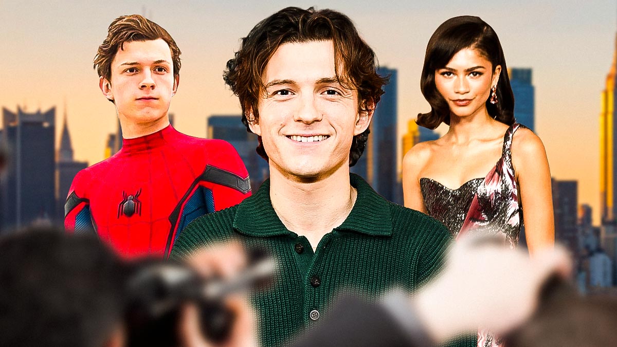 Spider-Man 4 star Tom Holland in between Spider-Man from the Marvel Cinematic Universe (MCU) and Zendaya with New York City background.
